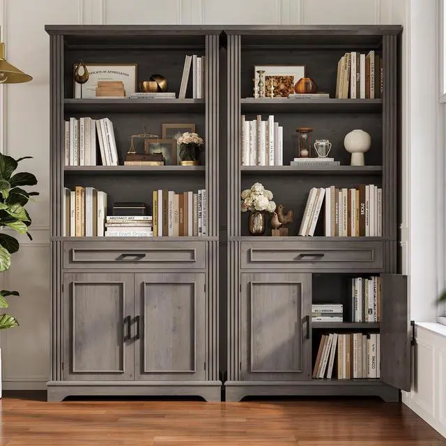Alt view image 3 of 6 - Farmhouse Bookshelves and Bookcases with Doors and Drawer, Bookshelf with Storage, Floor Standing 6 Shelf Display Storage Shelves 70 in Tall Bookshelf for Home Office, Living Room, Grey