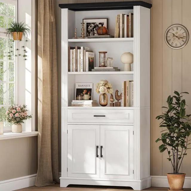 Main image of Farmhouse Bookshelves and Bookcases with Doors and Drawer, Bookshelf with Storage, Floor Standing 6 Shelf Display Storage Shelves 70 in Tall Bookshelf for Home Office, Living Room, White