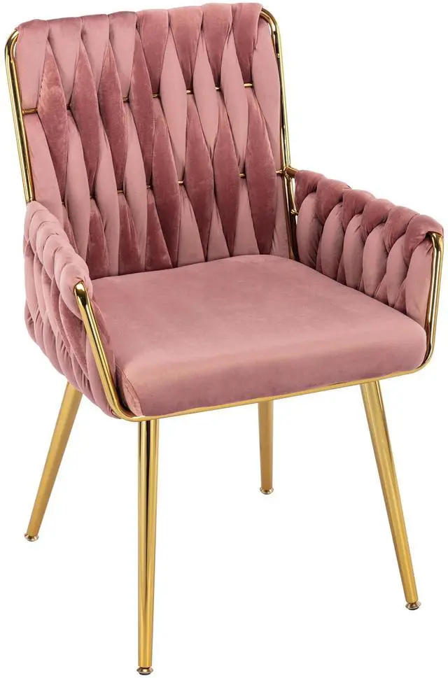 Main image of Upholstered Desk Chair 1PC, Hand Weaving, Golden Metal Legs, Rose Red | Modern Accent Chair for Home Office, Dining Room, Vanity, Stylish Design, Comfortable Armrest, Durable Material