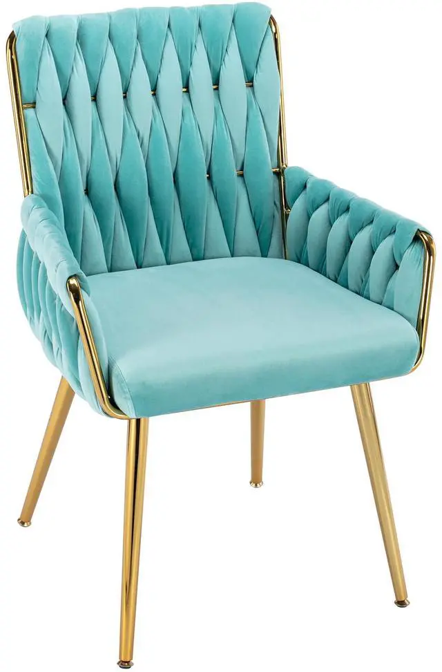 Main image of Upholstered Desk Chair 1PC, Hand Weaving, Golden Metal Legs, Light Blue | Modern Accent Chair for Home Office, Dining Room, Vanity, Stylish Design, Comfortable Armrest, Durable Material