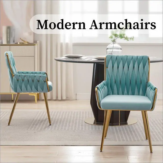 Alt view image 2 of 6 - Upholstered Desk Chair 1PC, Hand Weaving, Golden Metal Legs, Light Blue | Modern Accent Chair for Home Office, Dining Room, Vanity, Stylish Design, Comfortable Armrest, Durable Material
