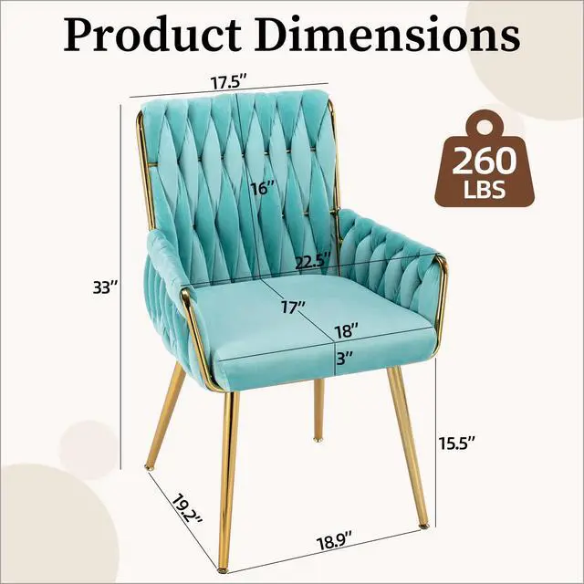 Alt view image 3 of 6 - Upholstered Desk Chair 1PC, Hand Weaving, Golden Metal Legs, Light Blue | Modern Accent Chair for Home Office, Dining Room, Vanity, Stylish Design, Comfortable Armrest, Durable Material