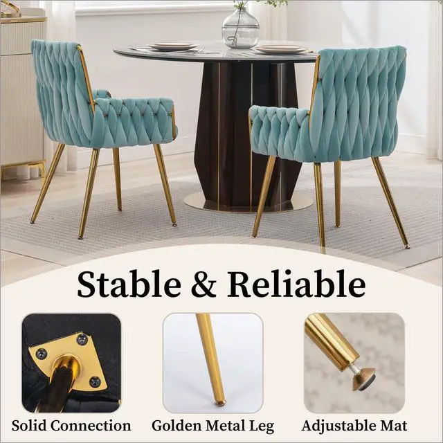 Alt view image 4 of 6 - Upholstered Desk Chair 1PC, Hand Weaving, Golden Metal Legs, Light Blue | Modern Accent Chair for Home Office, Dining Room, Vanity, Stylish Design, Comfortable Armrest, Durable Material
