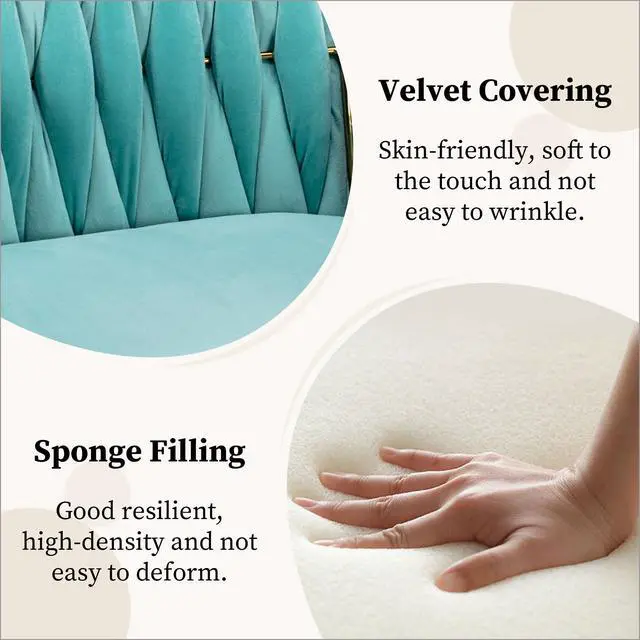 Alt view image 5 of 6 - Upholstered Desk Chair 1PC, Hand Weaving, Golden Metal Legs, Light Blue | Modern Accent Chair for Home Office, Dining Room, Vanity, Stylish Design, Comfortable Armrest, Durable Material
