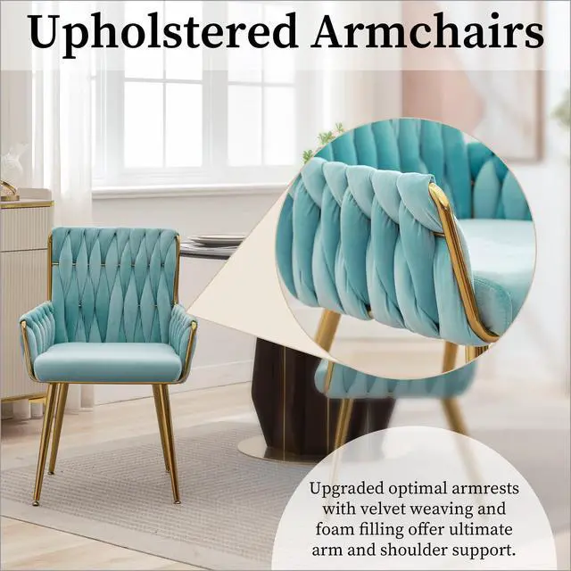 Alt view image 6 of 6 - Upholstered Desk Chair 1PC, Hand Weaving, Golden Metal Legs, Light Blue | Modern Accent Chair for Home Office, Dining Room, Vanity, Stylish Design, Comfortable Armrest, Durable Material