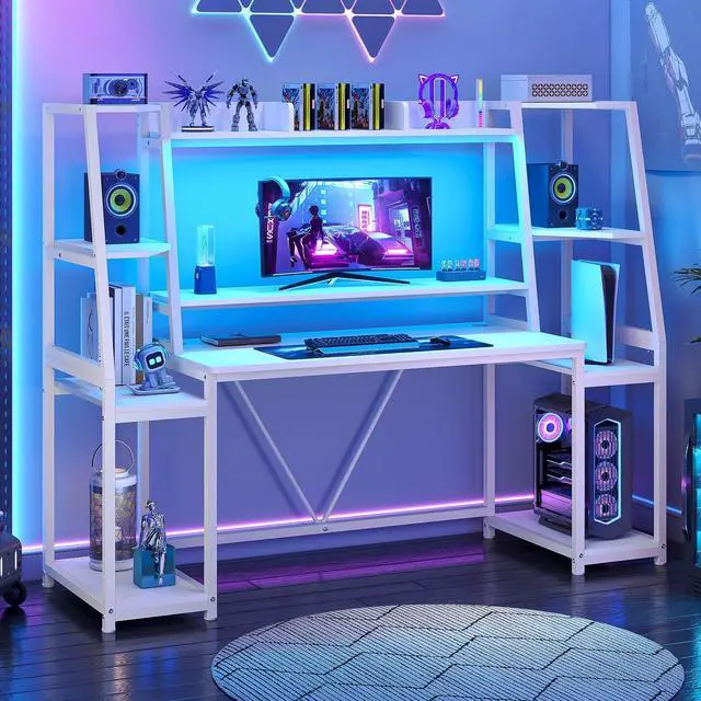 Main image of White Gaming Desk 65.7'' with LED Lights, Hutch and Storage Shelves, Computer Desk with Monitor Stand, Large PC Gamer Desk Workstation, Ergonomic Gaming Table for Bedroom, Living Room