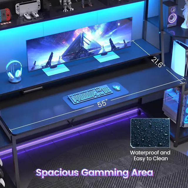 Alt view image 3 of 6 - Gaming Desk 78.8'' with LED Lights, Hutch and Storage Shelves, Computer Desk with Monitor Stand, Large PC Gamer Desk Workstation, Ergonomic Gaming Table for Bedroom, Living Room, Black