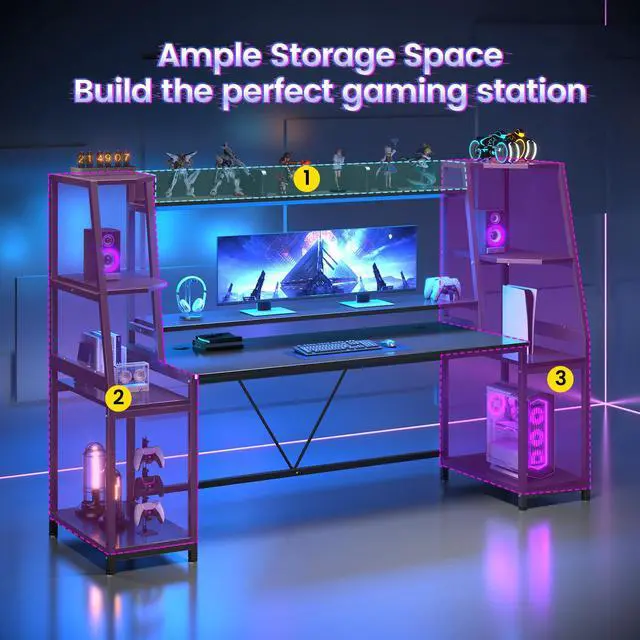 Alt view image 4 of 6 - Gaming Desk 78.8'' with LED Lights, Hutch and Storage Shelves, Computer Desk with Monitor Stand, Large PC Gamer Desk Workstation, Ergonomic Gaming Table for Bedroom, Living Room, Black
