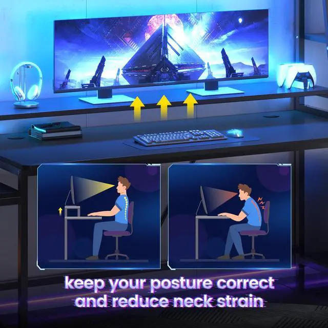 Alt view image 6 of 6 - Gaming Desk 78.8'' with LED Lights, Hutch and Storage Shelves, Computer Desk with Monitor Stand, Large PC Gamer Desk Workstation, Ergonomic Gaming Table for Bedroom, Living Room, Black