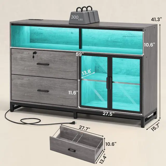 Alt view image 2 of 6 - 59" File Cabinet, 2 Drawers Filing Cabinets for Home Office fit Legal/Letter/A4 File, File Cabinet with Lock & Power Outlets, Printer Stand with Storage & LED Lights, Grey