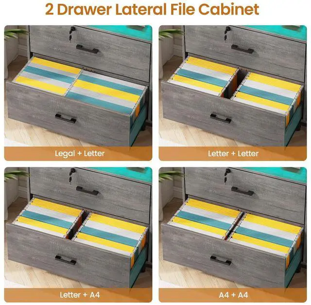 Alt view image 4 of 6 - 59" File Cabinet, 2 Drawers Filing Cabinets for Home Office fit Legal/Letter/A4 File, File Cabinet with Lock & Power Outlets, Printer Stand with Storage & LED Lights, Grey
