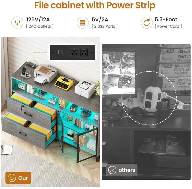 Alt view image 5 of 6 - 59" File Cabinet, 2 Drawers Filing Cabinets for Home Office fit Legal/Letter/A4 File, File Cabinet with Lock & Power Outlets, Printer Stand with Storage & LED Lights, Grey