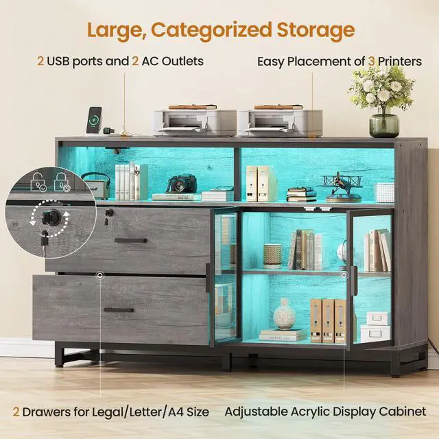 Alt view image 6 of 6 - 59" File Cabinet, 2 Drawers Filing Cabinets for Home Office fit Legal/Letter/A4 File, File Cabinet with Lock & Power Outlets, Printer Stand with Storage & LED Lights, Grey