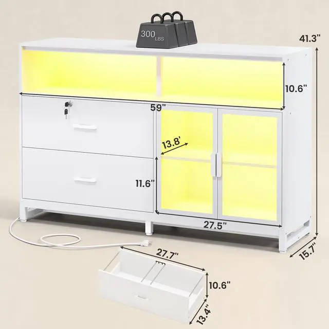 Alt view image 2 of 6 - 59" File Cabinet, 2 Drawers Filing Cabinets for Home Office fit Legal/Letter/A4 File, File Cabinet with Lock & Power Outlets, Printer Stand with Storage & LED Lights, White