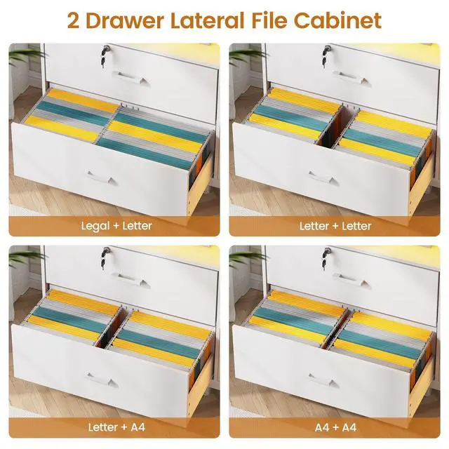 Alt view image 3 of 6 - 59" File Cabinet, 2 Drawers Filing Cabinets for Home Office fit Legal/Letter/A4 File, File Cabinet with Lock & Power Outlets, Printer Stand with Storage & LED Lights, White