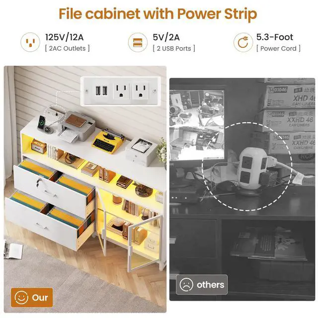 Alt view image 4 of 6 - 59" File Cabinet, 2 Drawers Filing Cabinets for Home Office fit Legal/Letter/A4 File, File Cabinet with Lock & Power Outlets, Printer Stand with Storage & LED Lights, White