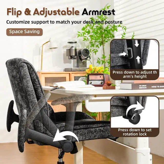 Alt view image 4 of 6 - Criss Cross Chair with Wheels & Flip Arms, Wide Cross Legged Office Chair with Adjustable Tilt Criss-Cross Desk Chair with Lumbar Support for Home Office, Bedroom, Apartment Black