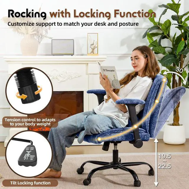 Alt view image 6 of 6 - Criss Cross Chair with Wheels & Flip Arms, Wide Cross Legged Office Chair with Adjustable Tilt Criss-Cross Desk Chair with Lumbar Support for Home Office, Bedroom, Apartment Blue