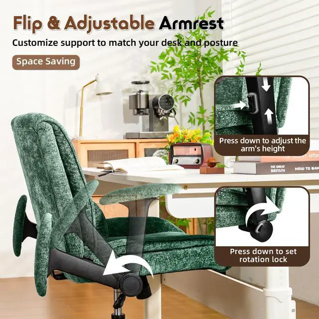 Alt view image 4 of 6 - Criss Cross Chair with Wheels & Flip Arms, Wide Cross Legged Office Chair with Adjustable Tilt Criss-Cross Desk Chair with Lumbar Support for Home Office, Bedroom, Apartment Green