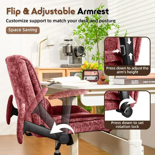 Alt view image 3 of 6 - Criss Cross Chair with Wheels & Flip Arms, Wide Cross Legged Office Chair with Adjustable Tilt Criss-Cross Desk Chair with Lumbar Support for Home Office, Bedroom, Apartment Red