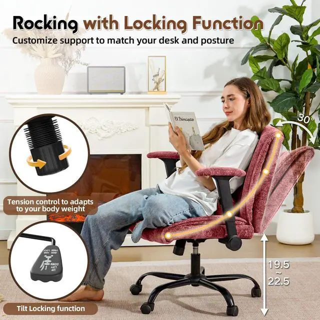 Alt view image 5 of 6 - Criss Cross Chair with Wheels & Flip Arms, Wide Cross Legged Office Chair with Adjustable Tilt Criss-Cross Desk Chair with Lumbar Support for Home Office, Bedroom, Apartment Red