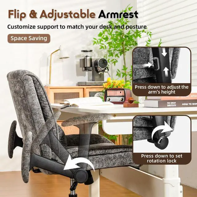 Alt view image 4 of 6 - Criss Cross Chair with Wheels & Flip Arms, Wide Cross Legged Office Chair with Adjustable Tilt Criss-Cross Desk Chair with Lumbar Support for Home Office, Bedroom, Apartment Gray
