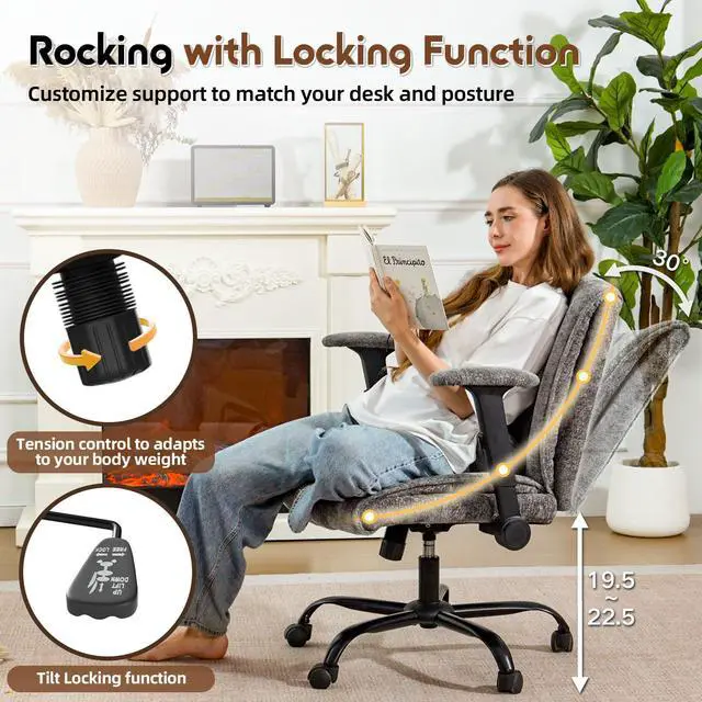 Alt view image 6 of 6 - Criss Cross Chair with Wheels & Flip Arms, Wide Cross Legged Office Chair with Adjustable Tilt Criss-Cross Desk Chair with Lumbar Support for Home Office, Bedroom, Apartment Gray