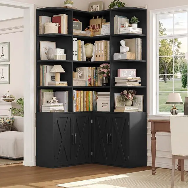 Main image of 74" Tall Corner Bookshelf, Black Bookshelf with Doors, Corner Bookcase Farmhouse Bookshelves and Bookcases with Storage Large Book Shelf Storage Cabinet for Home Office