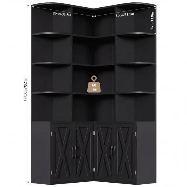 Alt view image 2 of 6 - 74" Tall Corner Bookshelf, Black Bookshelf with Doors, Corner Bookcase Farmhouse Bookshelves and Bookcases with Storage Large Book Shelf Storage Cabinet for Home Office