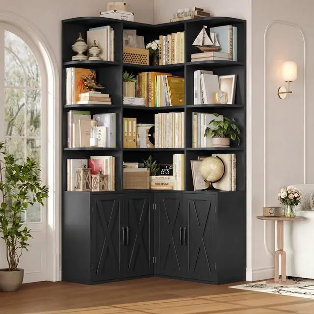 Alt view image 3 of 6 - 74" Tall Corner Bookshelf, Black Bookshelf with Doors, Corner Bookcase Farmhouse Bookshelves and Bookcases with Storage Large Book Shelf Storage Cabinet for Home Office