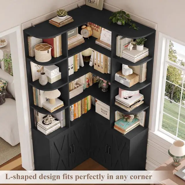 Alt view image 4 of 6 - 74" Tall Corner Bookshelf, Black Bookshelf with Doors, Corner Bookcase Farmhouse Bookshelves and Bookcases with Storage Large Book Shelf Storage Cabinet for Home Office