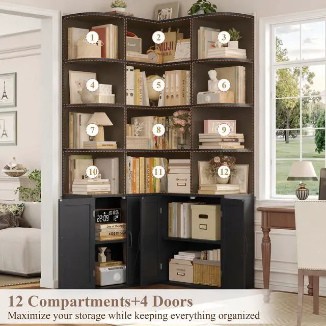 Alt view image 5 of 6 - 74" Tall Corner Bookshelf, Black Bookshelf with Doors, Corner Bookcase Farmhouse Bookshelves and Bookcases with Storage Large Book Shelf Storage Cabinet for Home Office