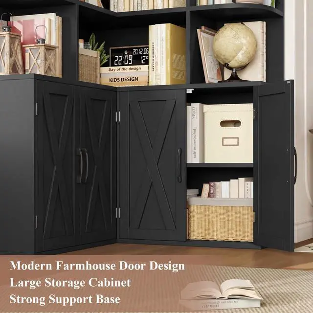 Alt view image 6 of 6 - 74" Tall Corner Bookshelf, Black Bookshelf with Doors, Corner Bookcase Farmhouse Bookshelves and Bookcases with Storage Large Book Shelf Storage Cabinet for Home Office