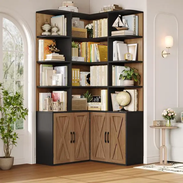 Main image of 74" Tall Corner Bookshelf, Wooden Bookshelf with Doors, Corner Bookcase Farmhouse Bookshelves and Bookcases with Storage Large Book Shelf Storage Cabinet for Home Office, Black/Brown