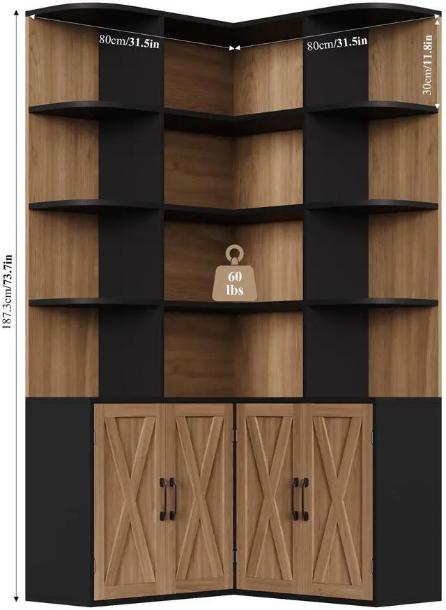 Alt view image 2 of 6 - 74" Tall Corner Bookshelf, Wooden Bookshelf with Doors, Corner Bookcase Farmhouse Bookshelves and Bookcases with Storage Large Book Shelf Storage Cabinet for Home Office, Black/Brown