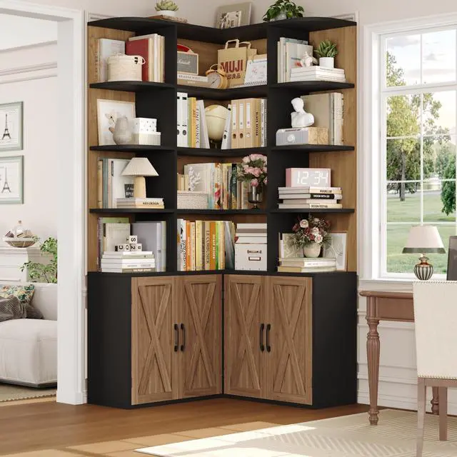 Alt view image 3 of 6 - 74" Tall Corner Bookshelf, Wooden Bookshelf with Doors, Corner Bookcase Farmhouse Bookshelves and Bookcases with Storage Large Book Shelf Storage Cabinet for Home Office, Black/Brown