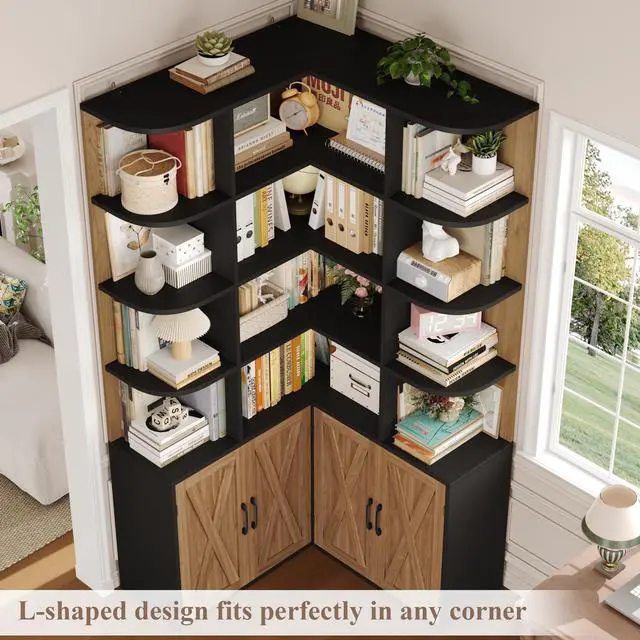 Alt view image 4 of 6 - 74" Tall Corner Bookshelf, Wooden Bookshelf with Doors, Corner Bookcase Farmhouse Bookshelves and Bookcases with Storage Large Book Shelf Storage Cabinet for Home Office, Black/Brown