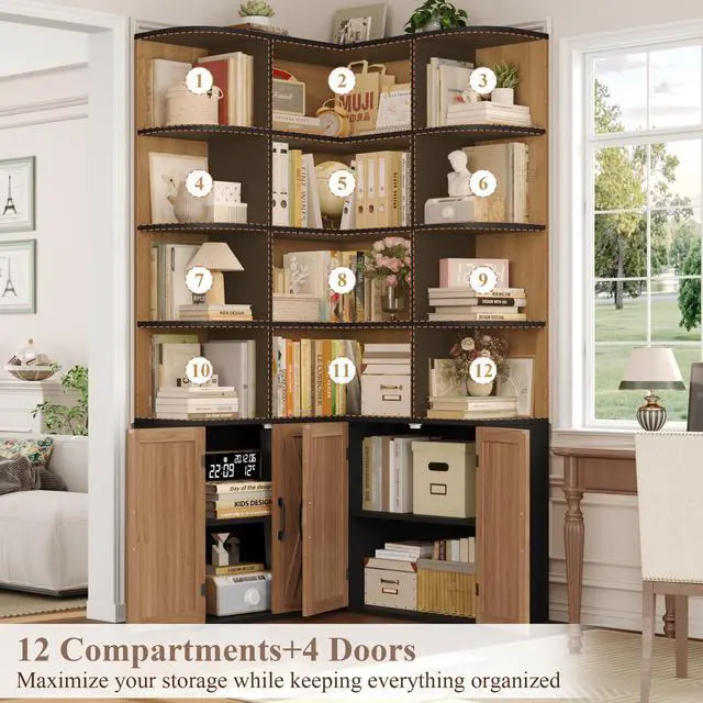 Alt view image 5 of 6 - 74" Tall Corner Bookshelf, Wooden Bookshelf with Doors, Corner Bookcase Farmhouse Bookshelves and Bookcases with Storage Large Book Shelf Storage Cabinet for Home Office, Black/Brown