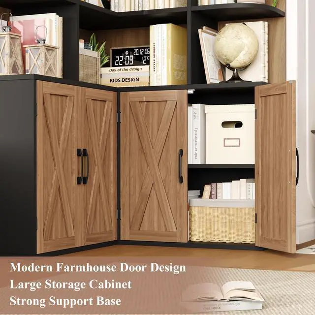 Alt view image 6 of 6 - 74" Tall Corner Bookshelf, Wooden Bookshelf with Doors, Corner Bookcase Farmhouse Bookshelves and Bookcases with Storage Large Book Shelf Storage Cabinet for Home Office, Black/Brown