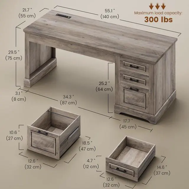 Alt view image 2 of 6 - Farmhouse 55" Executive Desk, Computer Desk with Storage Drawers and Power Outlet, Home Office Desk, Workstation for Office Home, Grey