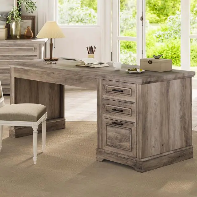 Alt view image 3 of 6 - Farmhouse 55" Executive Desk, Computer Desk with Storage Drawers and Power Outlet, Home Office Desk, Workstation for Office Home, Grey