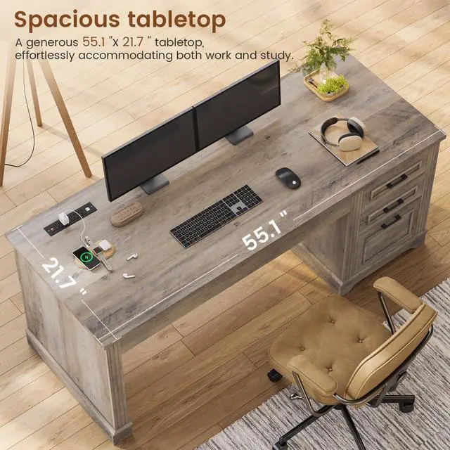 Alt view image 5 of 6 - Farmhouse 55" Executive Desk, Computer Desk with Storage Drawers and Power Outlet, Home Office Desk, Workstation for Office Home, Grey