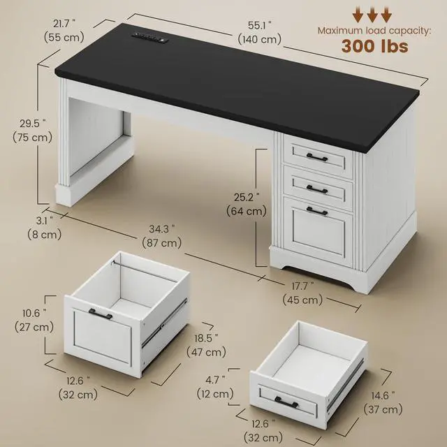 Alt view image 2 of 6 - Farmhouse 55" Executive Desk, Computer Desk with Storage Drawers and Power Outlet, Home Office Desk, Workstation for Office Home, White