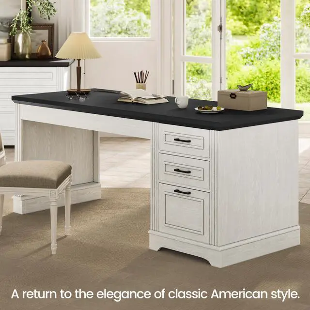 Alt view image 3 of 6 - Farmhouse 55" Executive Desk, Computer Desk with Storage Drawers and Power Outlet, Home Office Desk, Workstation for Office Home, White