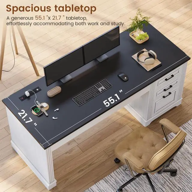Alt view image 4 of 6 - Farmhouse 55" Executive Desk, Computer Desk with Storage Drawers and Power Outlet, Home Office Desk, Workstation for Office Home, White