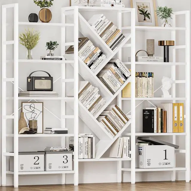 Main image of 70" Triple 5 Tier Book Shelf, Large Wooden Bookcase with 17 Open Display Shelf, Modern Tree Bookshelf Metal Frame Tall Bookshelf Furniture for Living Room Bedroom Home Office White