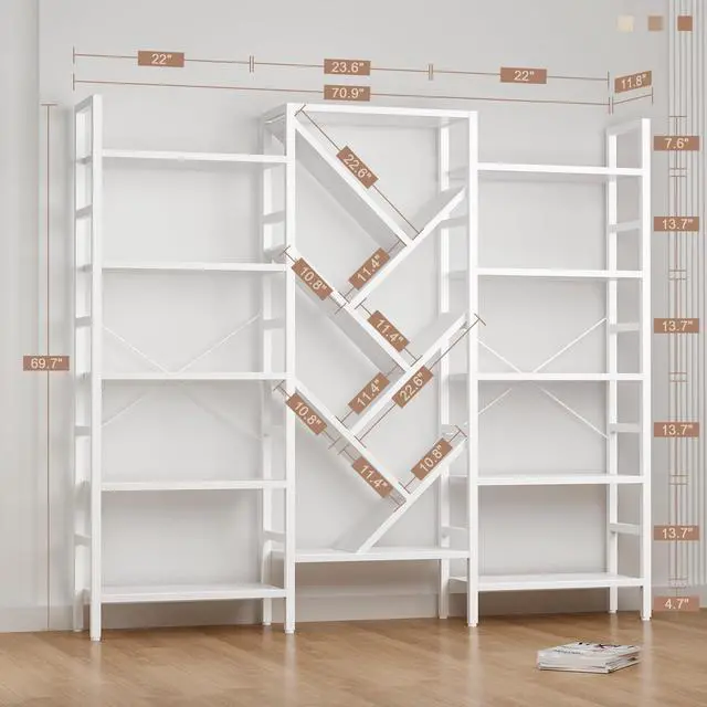 Alt view image 2 of 3 - 70" Triple 5 Tier Book Shelf, Large Wooden Bookcase with 17 Open Display Shelf, Modern Tree Bookshelf Metal Frame Tall Bookshelf Furniture for Living Room Bedroom Home Office White