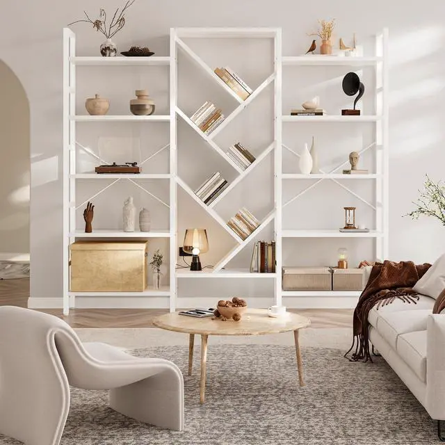 Alt view image 3 of 3 - 70" Triple 5 Tier Book Shelf, Large Wooden Bookcase with 17 Open Display Shelf, Modern Tree Bookshelf Metal Frame Tall Bookshelf Furniture for Living Room Bedroom Home Office White
