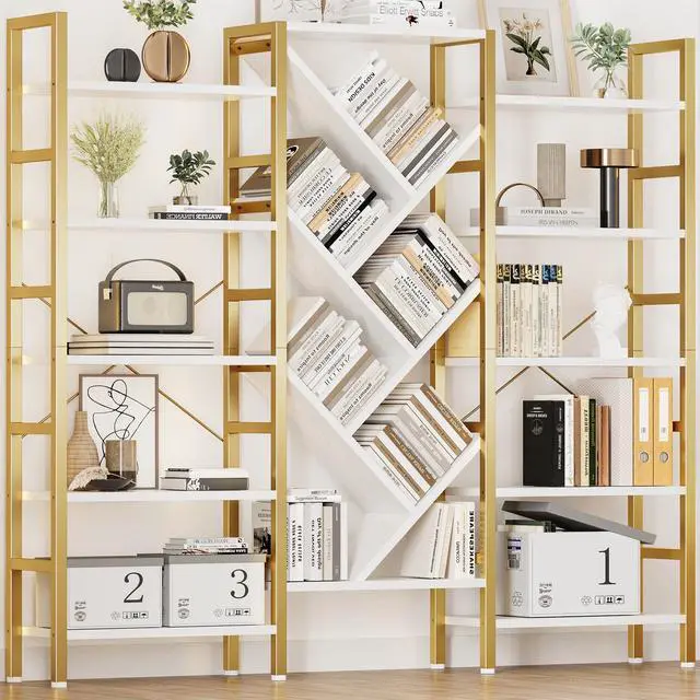 Main image of 70x70 Triple 5 Tier Book Shelf, Large Wooden Bookcase with 17 Open Display Shelf, Modern Tree Bookshelf Metal Frame Tall Book Case Furniture for Living Room Bedroom Home Office White & Gold