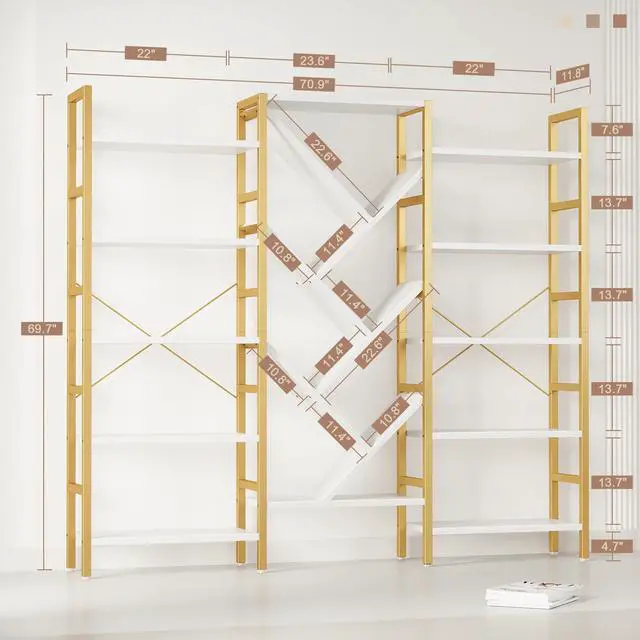 Alt view image 2 of 3 - 70x70 Triple 5 Tier Book Shelf, Large Wooden Bookcase with 17 Open Display Shelf, Modern Tree Bookshelf Metal Frame Tall Book Case Furniture for Living Room Bedroom Home Office White & Gold